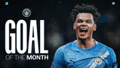 A Manchester City football player in a blue kit with the Manchester City logo, highlighted for 'Goal of the Month.' The heading includes the club's crest.