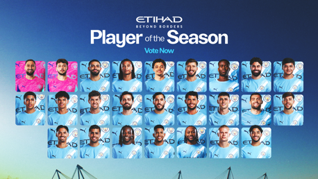 Image featuring Manchester City players for Etihad's Player of the Season voting campaign. Includes players in blue jerseys and a 'Vote Now' prompt.