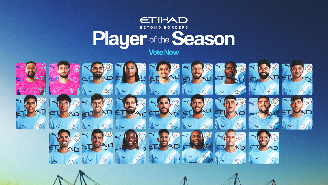 Image featuring Manchester City players for Etihad's Player of the Season voting campaign. Includes players in blue jerseys and a 'Vote Now' prompt.
