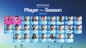 Image featuring Manchester City players for Etihad's Player of the Season voting campaign. Includes players in blue jerseys and a 'Vote Now' prompt.