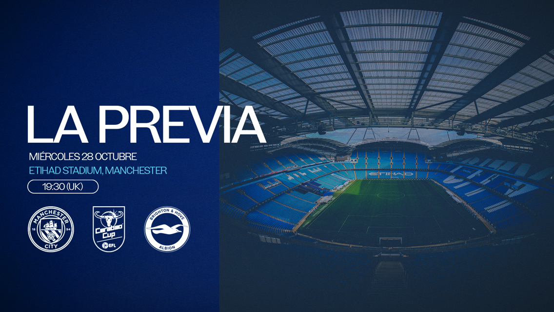 Football match preview showing Manchester City vs Brighton & Hove Albion logos at Etihad Stadium, Manchester. Scheduled for Wednesday, October 28 at 19:30 (UK).