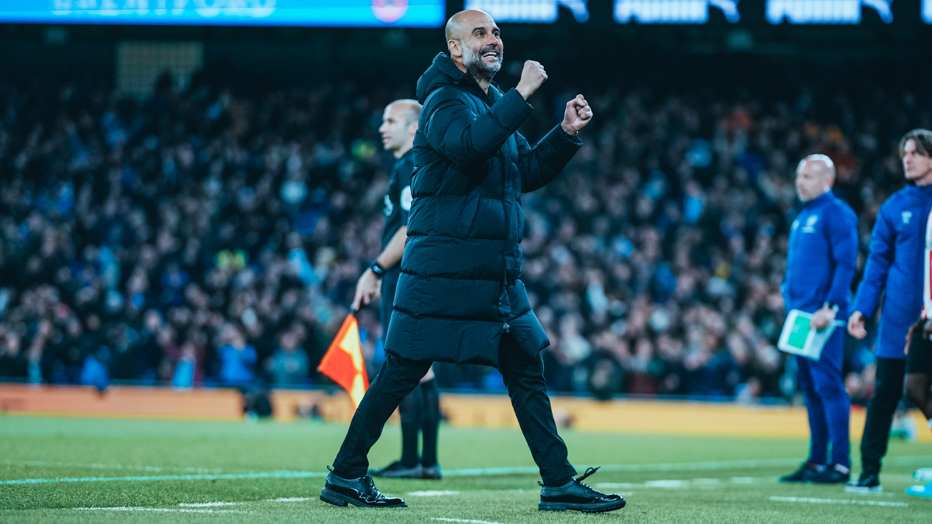 
                        
                        THE BOSS: Pep Guardiola shows his delight after KDB's strike
                