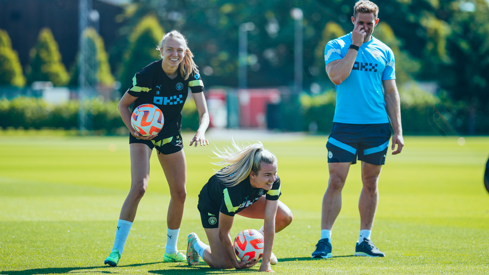 FUN AND GAMES : Esme Morgan and Lauren Hemp share a laugh