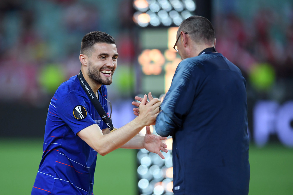 MORE MEDALS : Kovacic celebrates with his former manager Maurizio Sarri after beating Arsenal in the Europa League final in May 2019