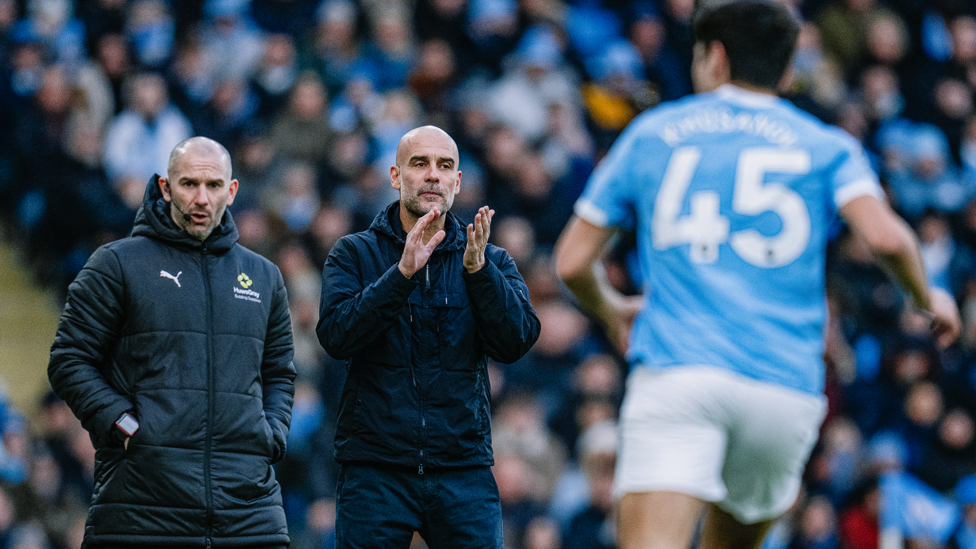THE BOSS: Pep Guardiola urges City on.