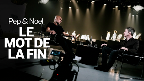 Two individuals in a studio setting having a conversation. Several trophies with crowns are displayed in the background. Text includes 'Pep & Noel', and 'Le mot de la fin'.
