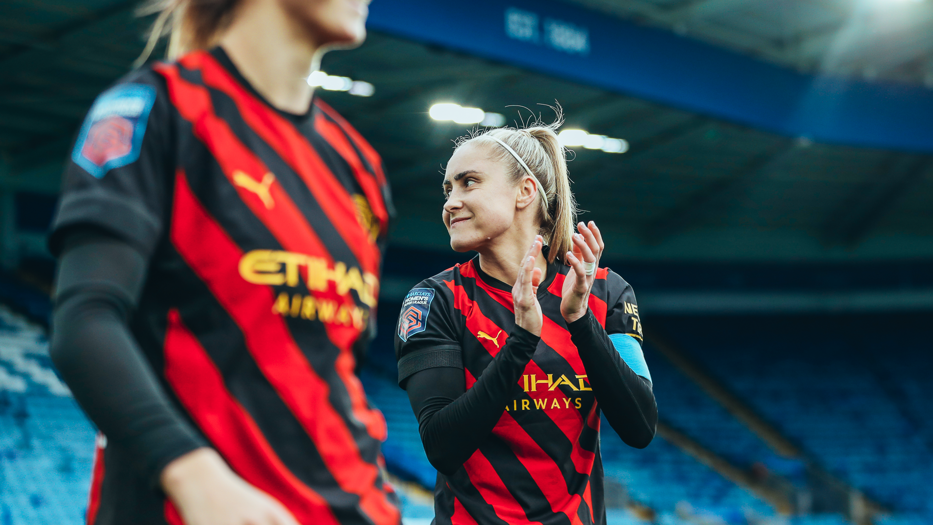 HAPPY HOUGHTON : Steph Houghton applauds the City faithful after the Foxes victory.