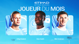 Image shows nominees for Manchester City's "Joueur du Mois" featuring players in light blue jerseys. "Etihad Beyond Borders" is displayed above.