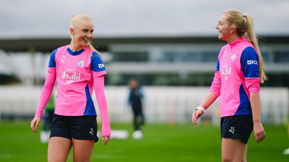 GOOD TO BE BACK : Laura Blindkilde Brown and Mayzee Davies share a joke