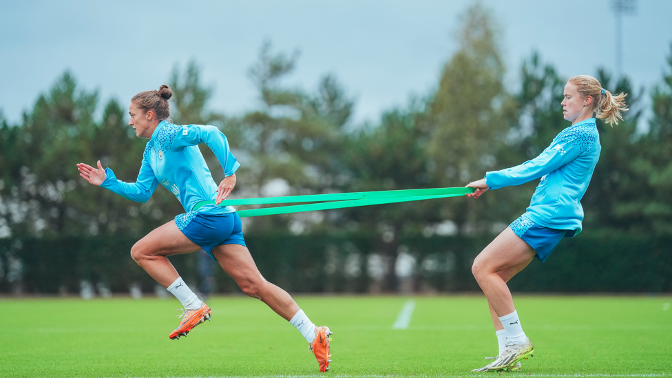 AT FULL STRETCH: Filippa Angeldahl powers through an exercise with Julie Blakstad.