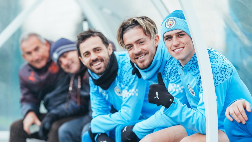 TREBLE  : Bernardo, Grealish and Phil Foden strike a pose.