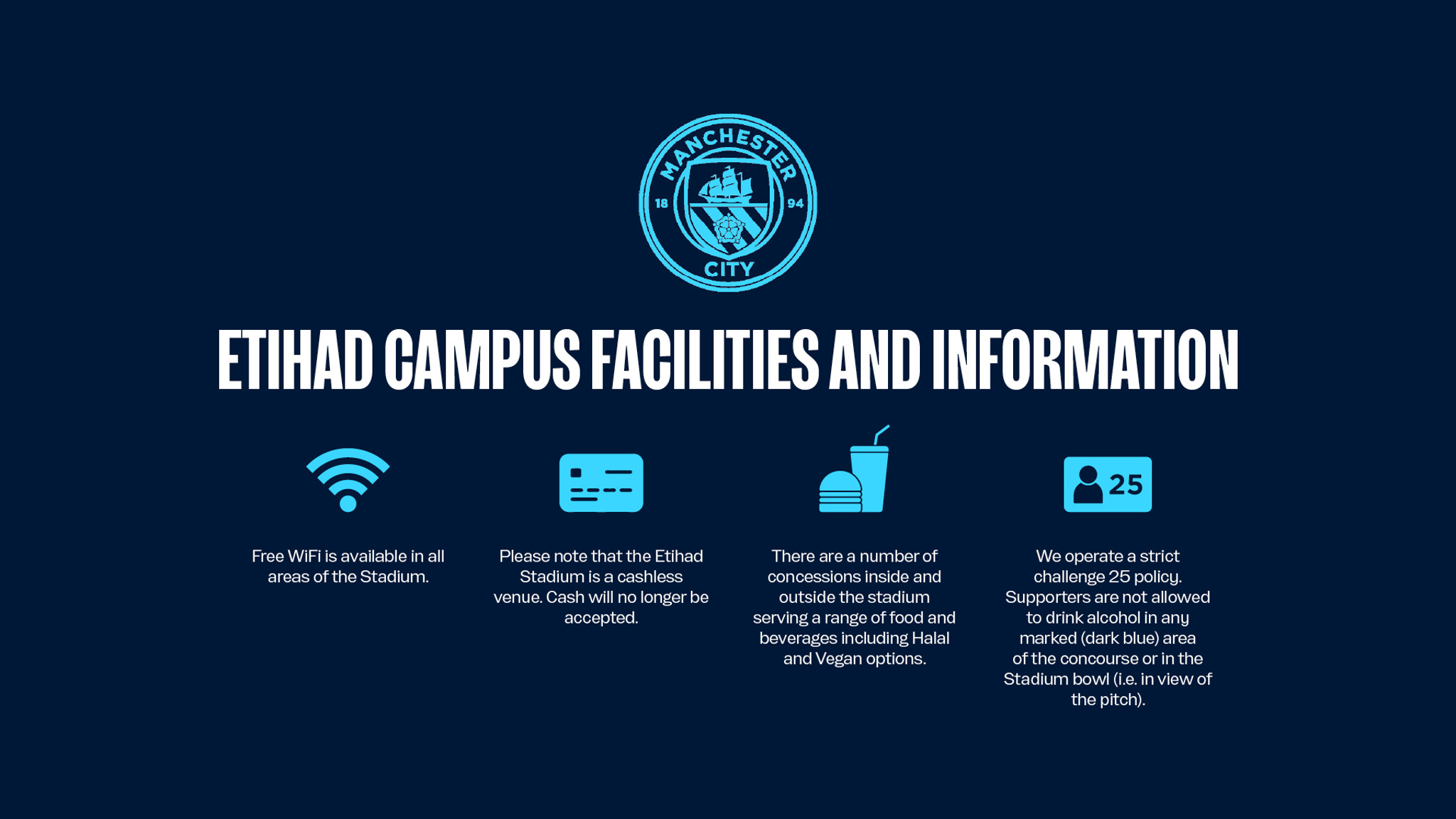 An image displaying information about the Etihad Campus facilities, including free WiFi, a cashless policy, food and beverage options with Halal and Vegan choices, and a strict challenge 25 policy for alcohol consumption areas.