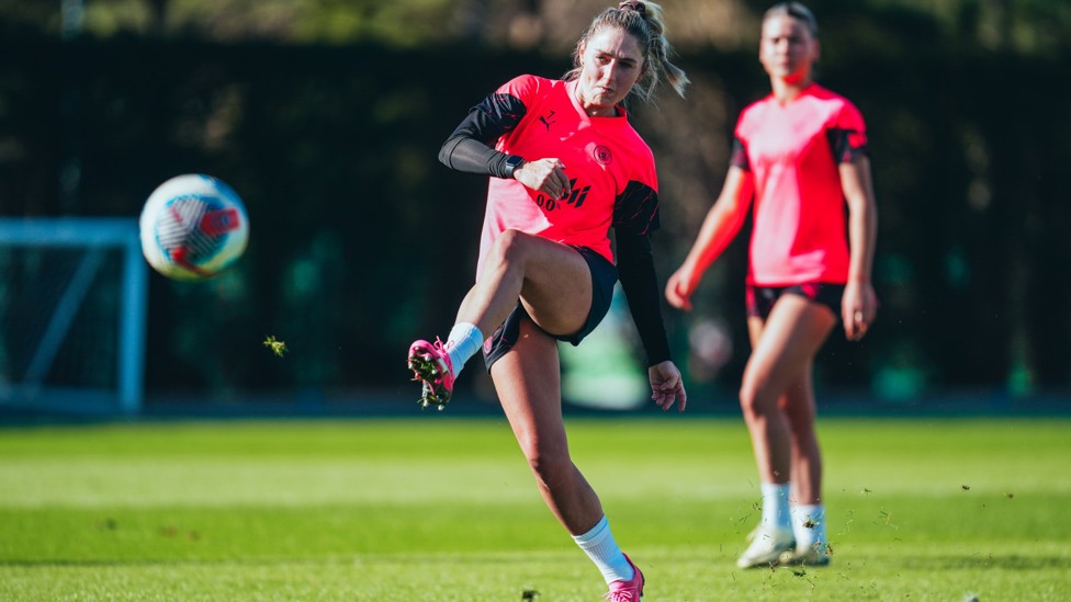 CURLING COOMBS : Laura fires a shot towards goal.