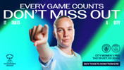 UEFA Women's Champions League promo featuring a City player pointing at the camera. Match: City Women vs PSG on Thu 29 Oct, KO 20:00. Tickets from £10.