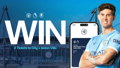 Promotional image for winning 2 tickets to Manchester City vs Aston Villa. Features Etihad Stadium, a smartphone with ticket information, and a blurred player in Manchester City kit.