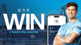 Promotional image for winning 2 tickets to Manchester City vs Aston Villa. Features Etihad Stadium, a smartphone with ticket information, and a blurred player in Manchester City kit.