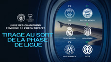 Graphic showing the UEFA Women's Champions League 2026/27 draw. Teams PSG, Real Madrid, Austria Wien in Group D. Teams Bayern Munich, BK Häcken, Inter in Group E.