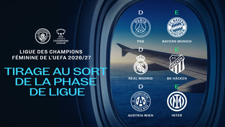 Graphic showing the UEFA Women's Champions League 2026/27 draw. Teams PSG, Real Madrid, Austria Wien in Group D. Teams Bayern Munich, BK Häcken, Inter in Group E.
