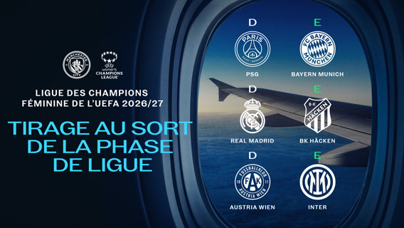 Graphic showing the UEFA Women's Champions League 2026/27 draw. Teams PSG, Real Madrid, Austria Wien in Group D. Teams Bayern Munich, BK Häcken, Inter in Group E.