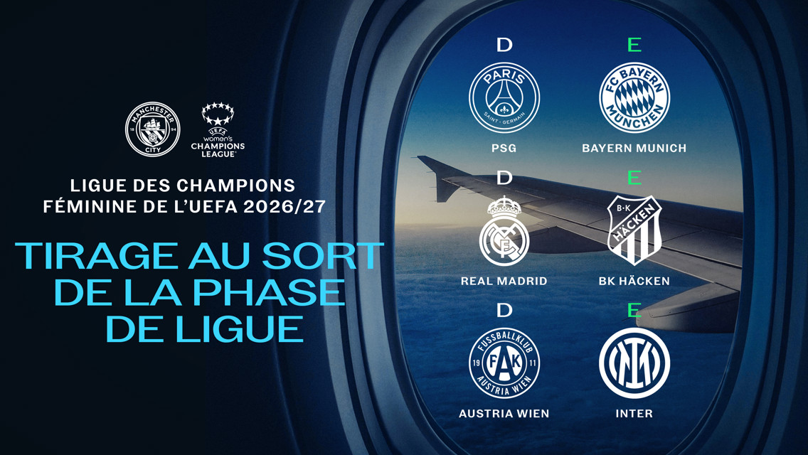 Graphic showing the UEFA Women's Champions League 2026/27 draw. Teams PSG, Real Madrid, Austria Wien in Group D. Teams Bayern Munich, BK Häcken, Inter in Group E.