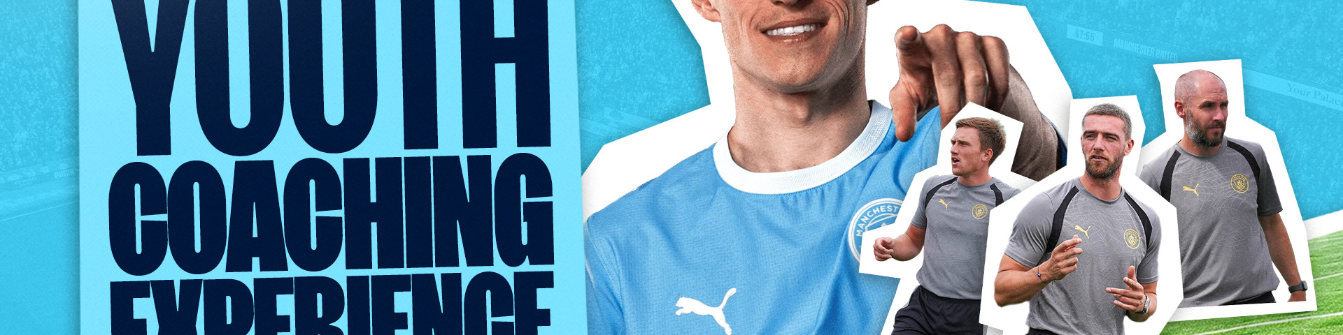 Promotional image for CityCoach Youth Coaching Experience event at Etihad Campus, Manchester on 24-25 Nov 2026 aimed at youth football coaches aged 18+. Features graphics and a 'Sign Up Now' button.