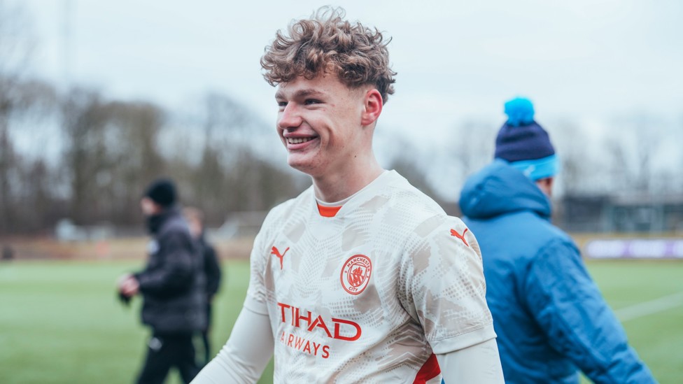 MAN OF THE MOMENT : Oliver Whatmuff overjoyed after scoring City's winning penalty in the UEFA Youth League Round of 32. 