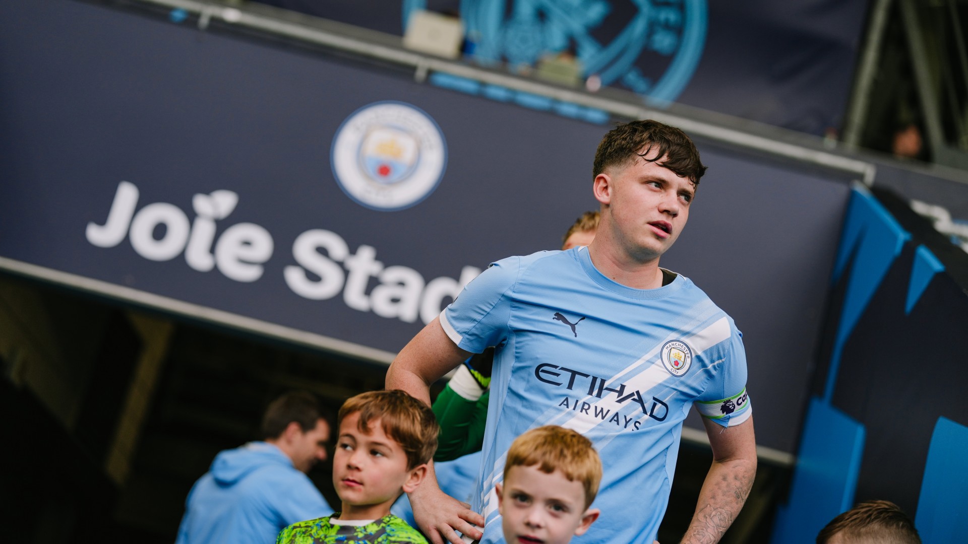 SKIPPER : Kian Noble leads the team out at the Joie for the final time this season.