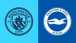 Logos of Manchester City and Brighton & Hove Albion football clubs side by side. The Manchester City logo features a ship and the year 1894, while the Brighton logo shows a seagull in flight.