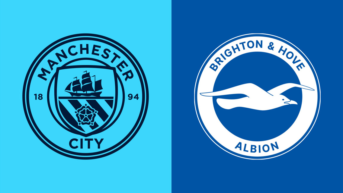 Logos of Manchester City and Brighton & Hove Albion football clubs side by side. The Manchester City logo features a ship and the year 1894, while the Brighton logo shows a seagull in flight.