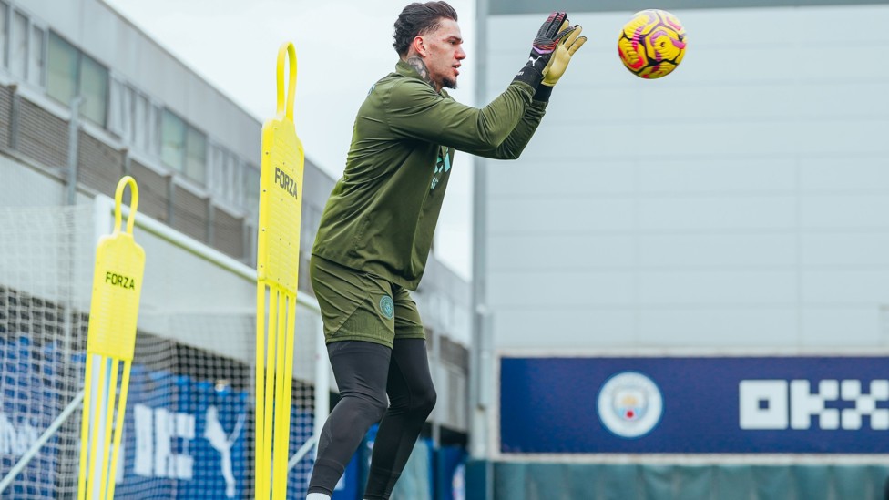HANDS UP : Ederson goes through his goalkeeping drills
