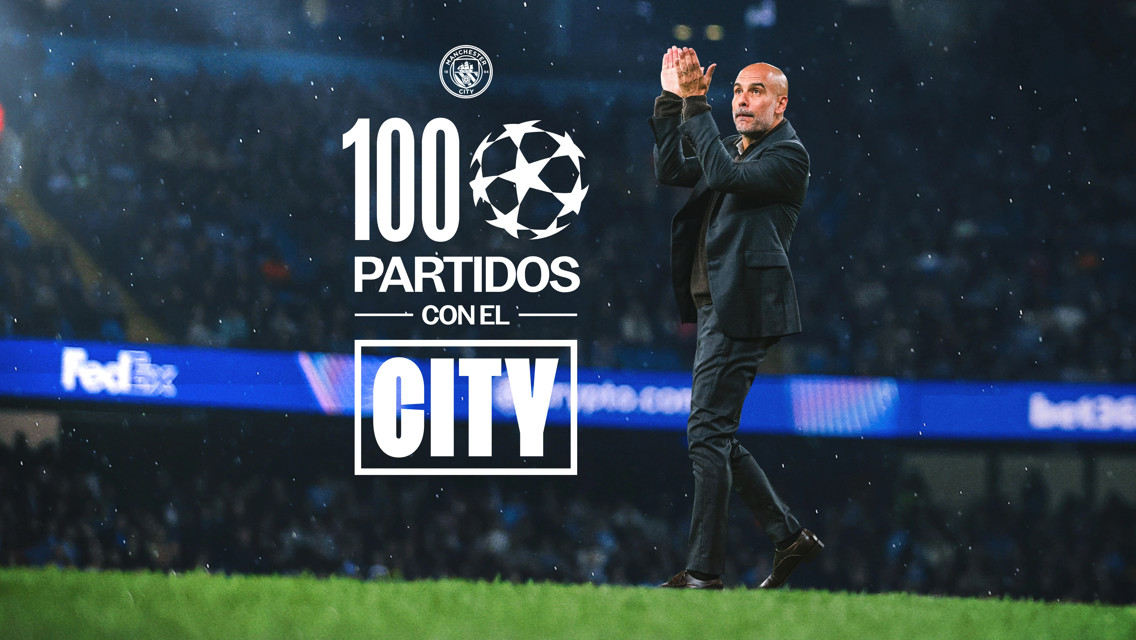 Image celebrating Pep Guardiola's 100 UEFA Champions League matches with Manchester City. The image features him clapping on the field, alongside the Manchester City logo and UEFA Champions League logo.