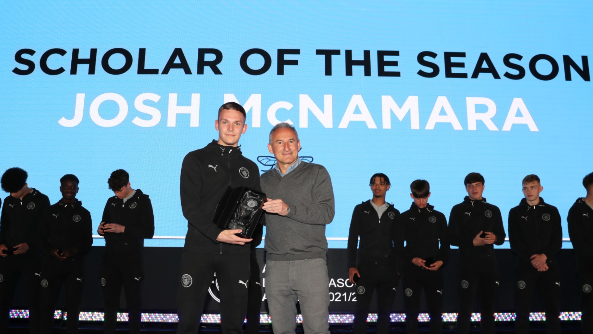 
                        PRIZE GUY: Josh McNamara collects his Scholar of the Year award from Football Director Txiki Begiristain
                