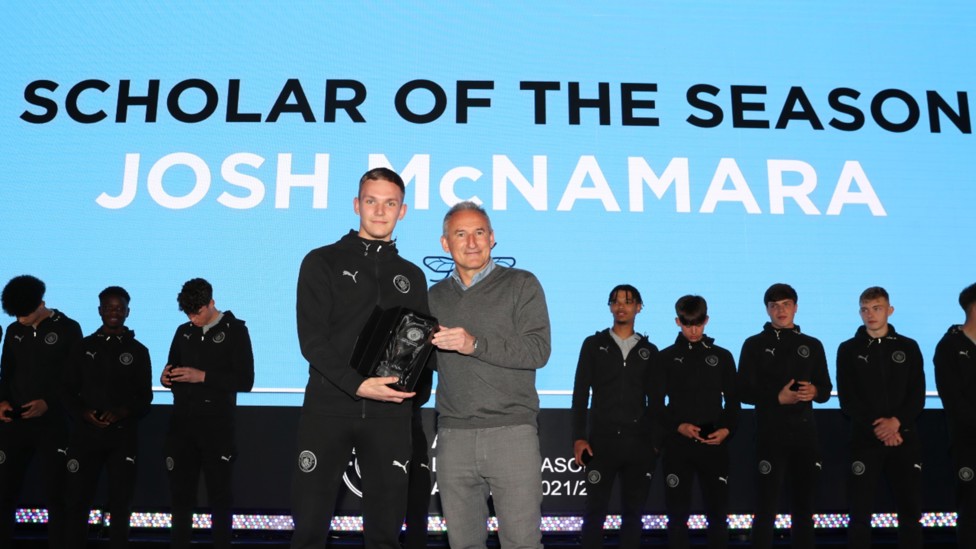 PRIZE GUY: Josh McNamara collects his Scholar of the Year award from Football Director Txiki Begiristain