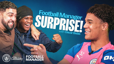 An image promoting a Football Manager surprise event with Oscar Bobb, featuring examples of blurred people and logos for Manchester City and Football Manager.