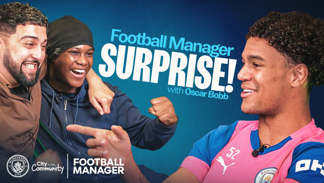 An image promoting a Football Manager surprise event with Oscar Bobb, featuring examples of blurred people and logos for Manchester City and Football Manager.