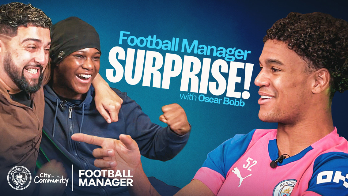 An image promoting a Football Manager surprise event with Oscar Bobb, featuring examples of blurred people and logos for Manchester City and Football Manager.