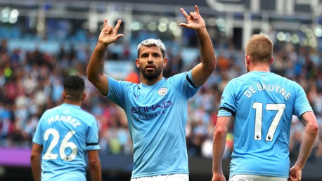 UNSTOPPABLE: Sergio Aguero celebrates after netting his fifth goal of the season.