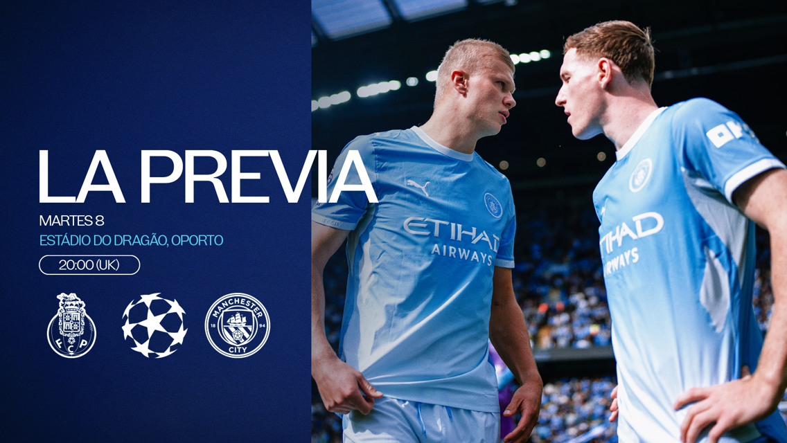 Match preview of Manchester City vs FC Porto at Estádio do Dragão, Oporto, on Tuesday at 20:00 UK time. Image includes two players in Manchester City kits with Champions League and club logos.