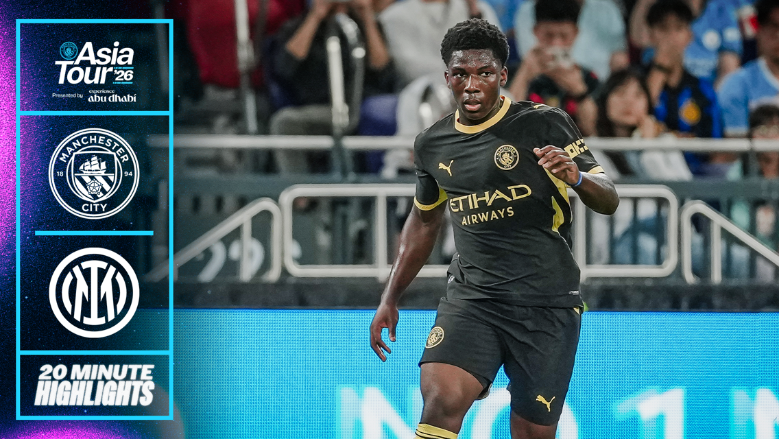 A Manchester City player on the field during the Asia Tour 2026 against Inter Milan. The left side shows logos and text related to the match highlights.