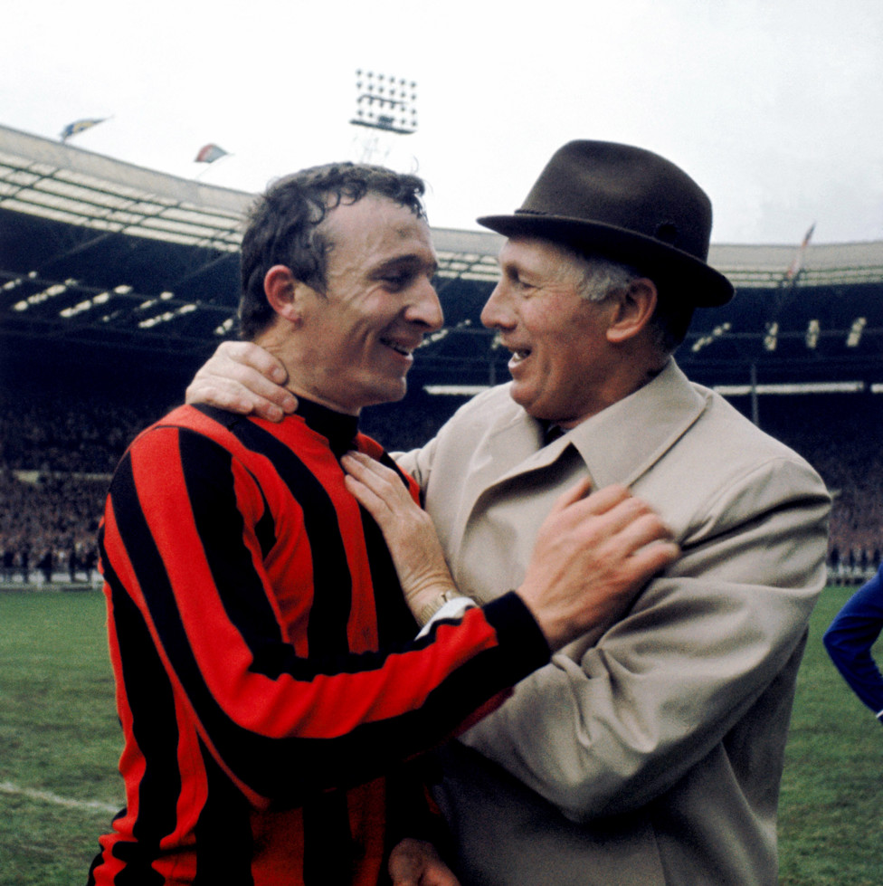 WEMBLEY WONDERS: Mike Summerbee and Joe Mercer celebrate our 1969 FA Cup win