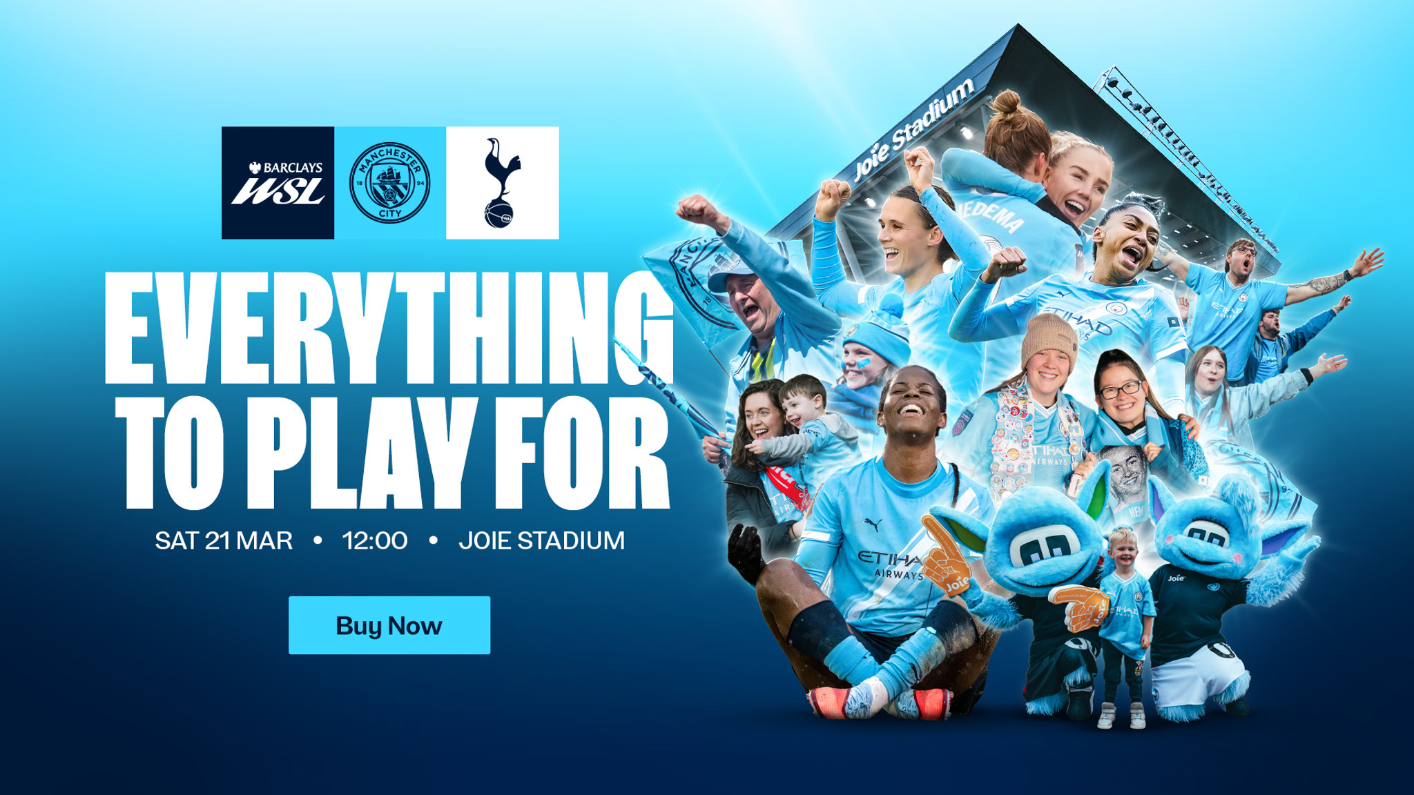 Promotional poster for a Women's Super League match between Manchester City and Tottenham Hotspur on Saturday, March 21 at Joie Stadium. Features Manchester City players, mascots, and branding.