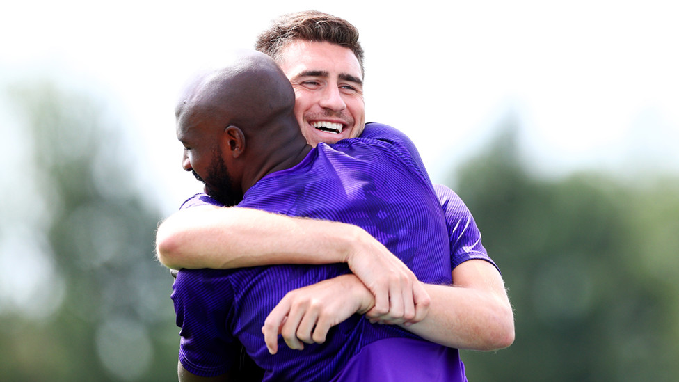 LES BLEUS : Hugs for French compatriots Aymeric Laporte and Eliaquim Mangala