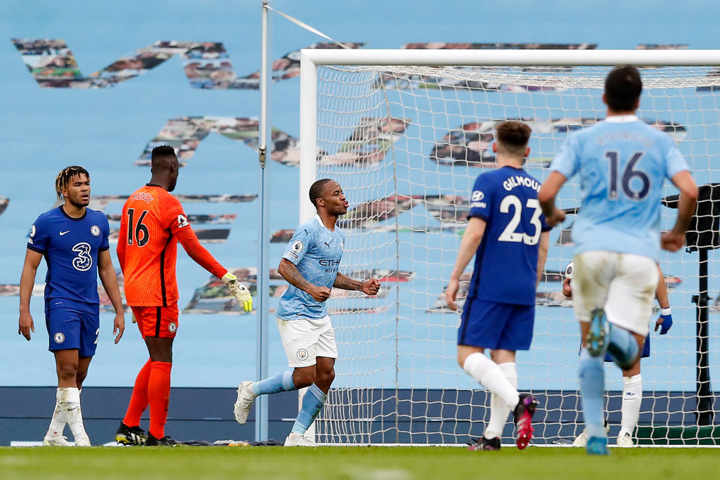 STRIKE A POSE: Raheem Sterling celebrates after his all-important goal