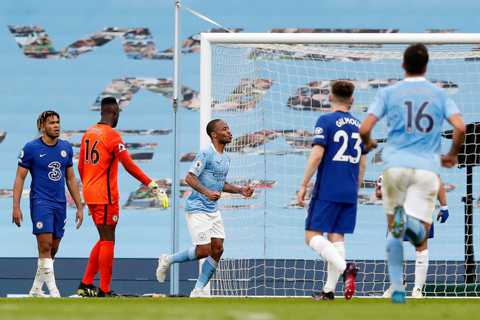 STRIKE A POSE: Raheem Sterling celebrates after his all-important goal