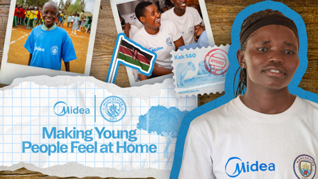 Collage showcasing Manchester City and Midea community initiative in Kenya, promoting youth engagement. Features blurred photos of people in branded t-shirts, Kenyan flag, stamp, and logos of Manchester City and Midea.