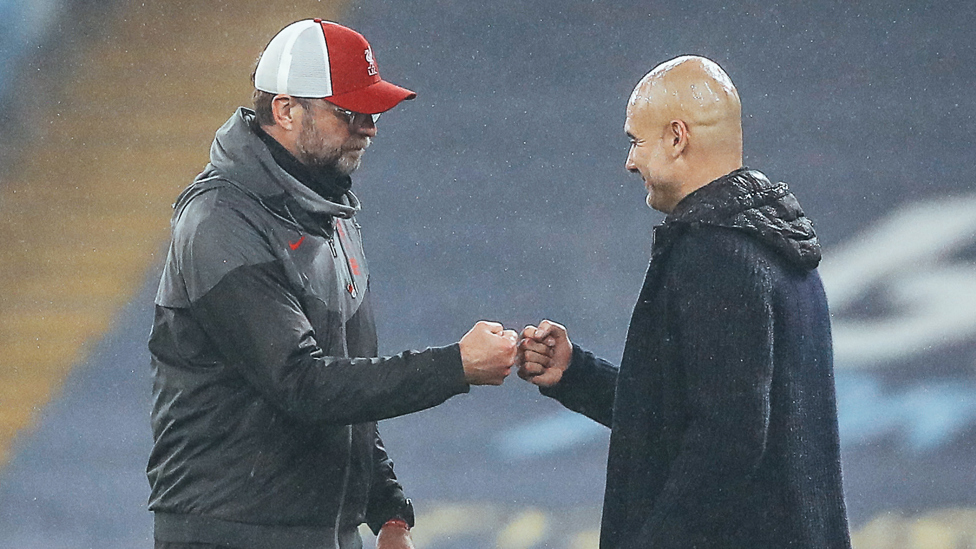 BOSSING IT : Jurgen Klopp and Pep Guardiola bump fists at the full time whistle | City 1-1 Liverpool (8 November 2020).