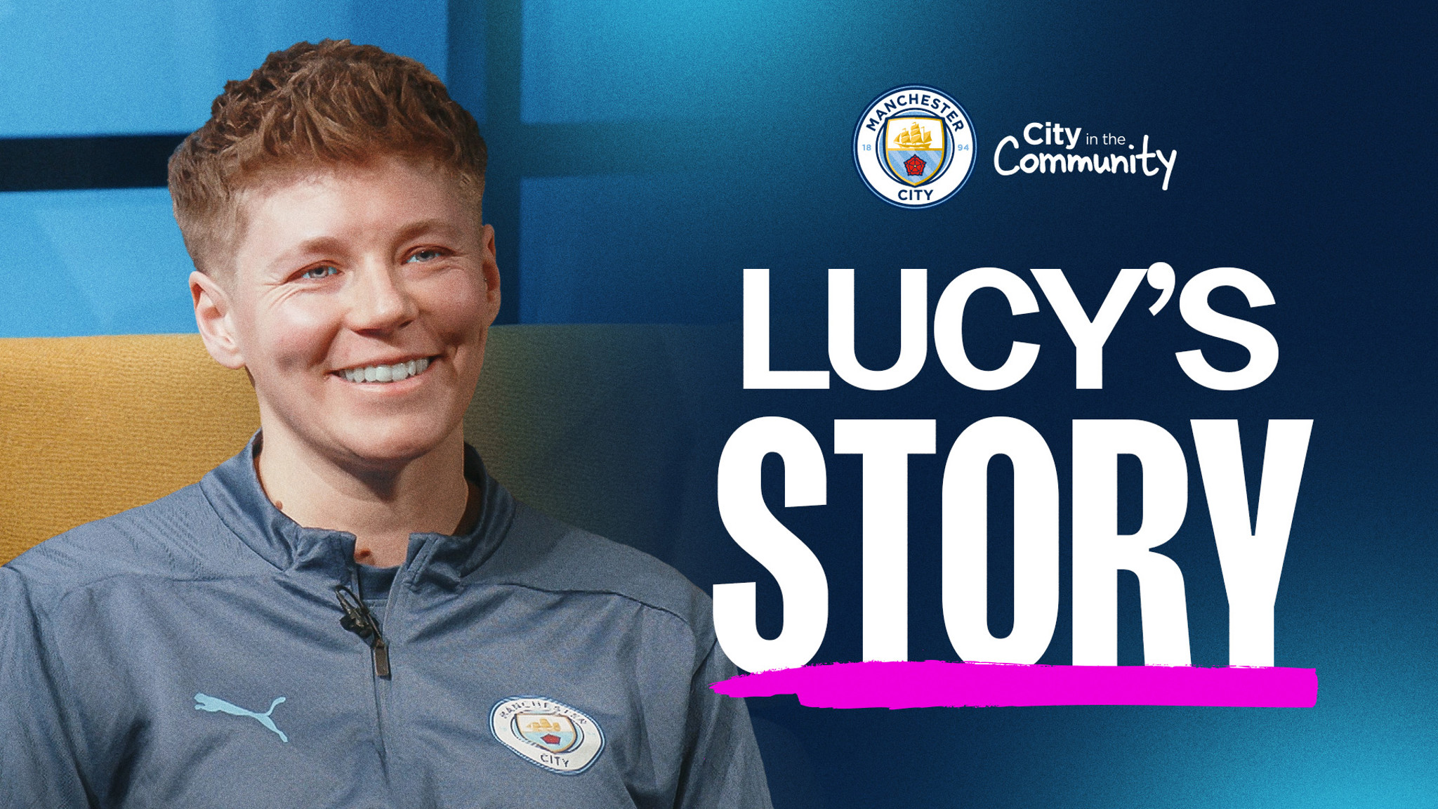 A blurred-faced person wearing a Manchester City jacket featured in an image promoting 'Lucy's Story' as part of the City in the Community initiative, with the Manchester City logo displayed.