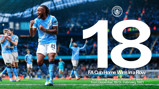 Manchester City celebrates 18 FA Cup home wins in a row, surpassing Clapham Rovers' record of 17 wins from December 1873 to February 1881. The image shows the team celebrating on the field at the Etihad Stadium.