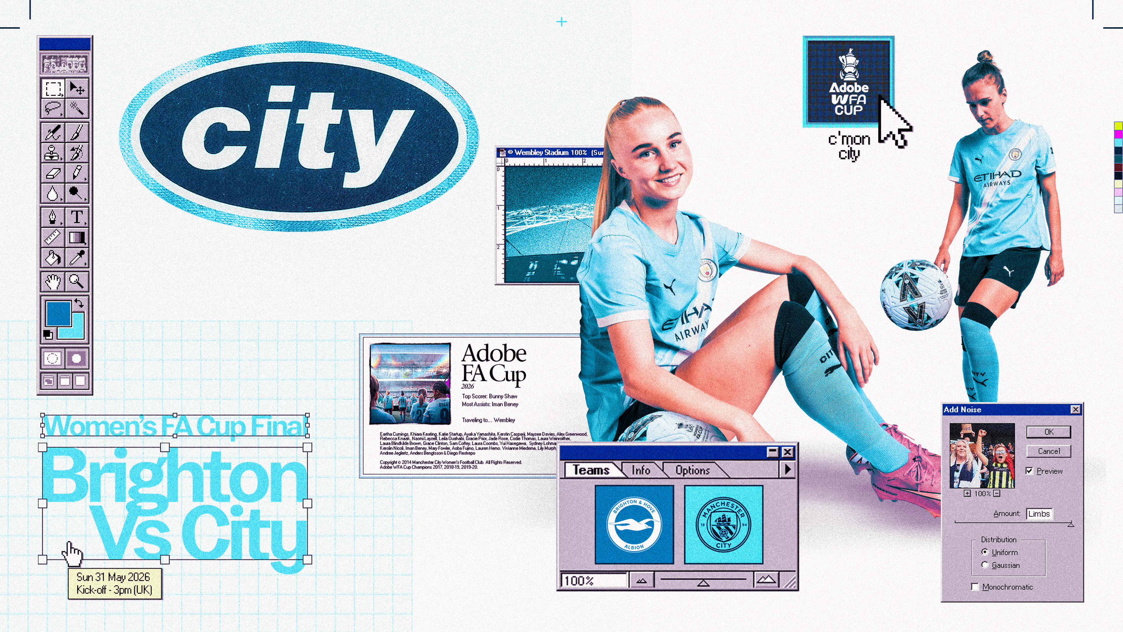 Graphic showing Women's FA Cup Final between Brighton and City on 31 May 2026. Features players in Manchester City kits, retro computer elements, and match details.