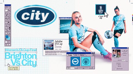 Graphic showing Women's FA Cup Final between Brighton and City on 31 May 2026. Features players in Manchester City kits, retro computer elements, and match details.